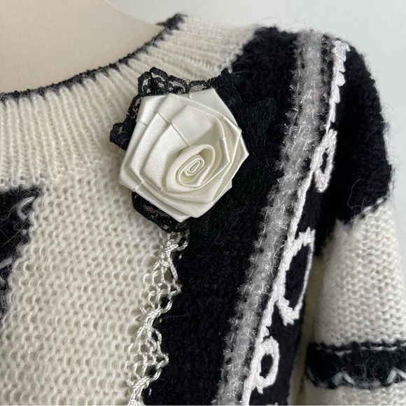 Vintage 80s Beldoch Popper Sweater Short Sleeve Black White Acrylic Wool Medium - Picture 2 of 8